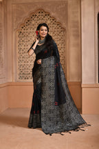 Jyoti Fashion Women's Black Handloom Raw Silk Weaving Pallu Traditional Saree with Blouse