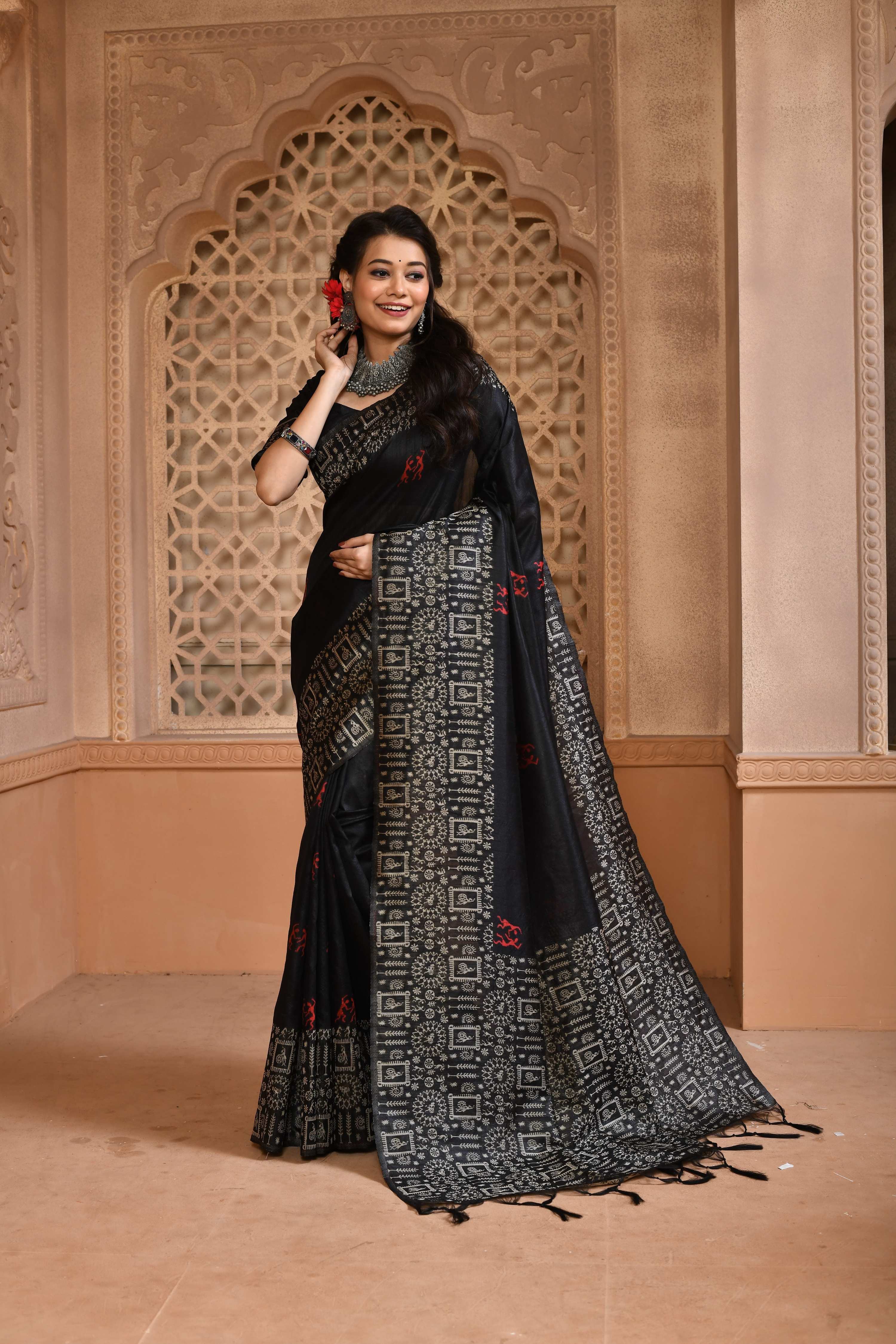 Jyoti Fashion Women's Black Handloom Raw Silk Weaving Pallu Traditional Saree with Blouse