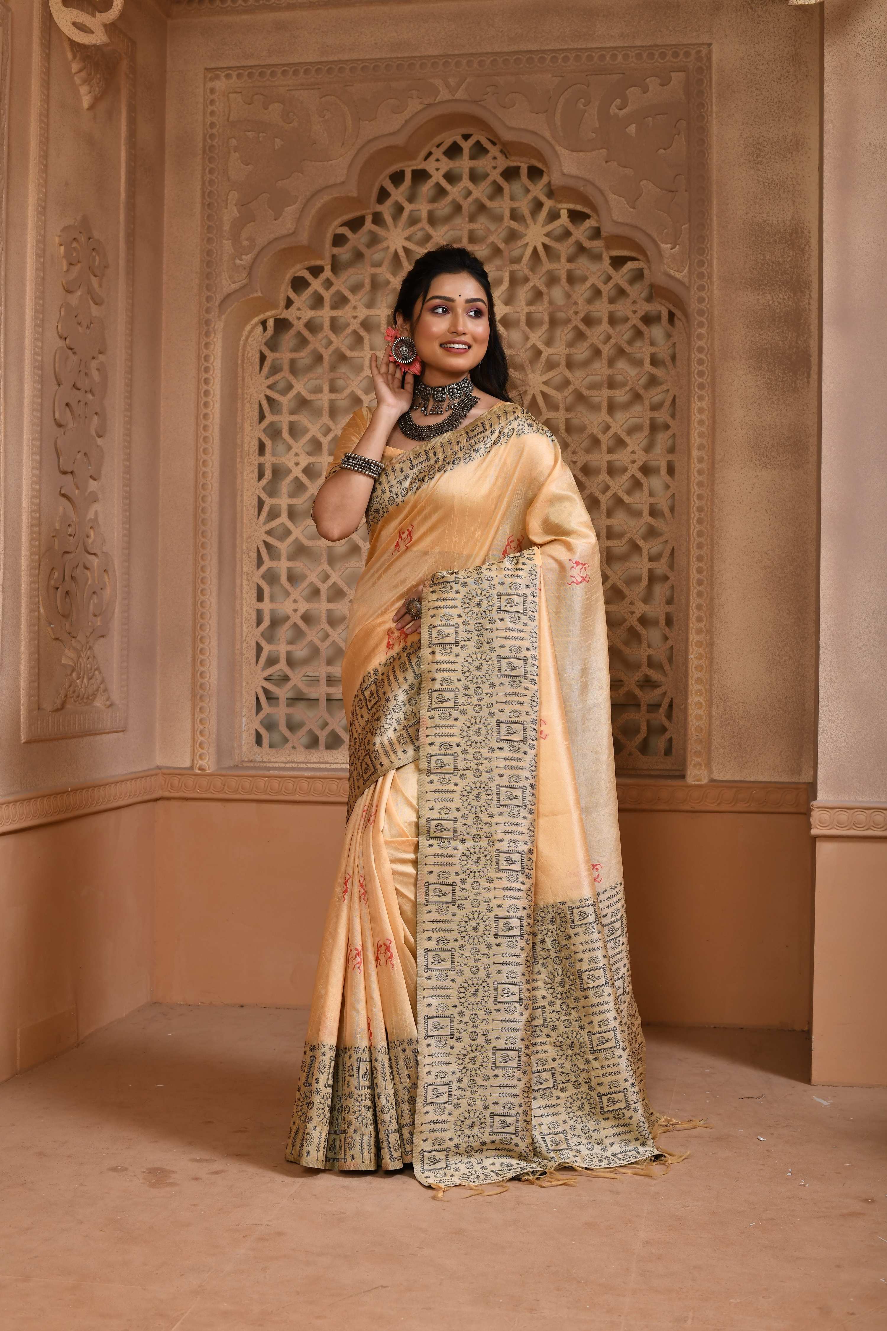 Jyoti Fashion Women's Cream Handloom Raw Silk Weaving Pallu Traditional Saree with Blouse