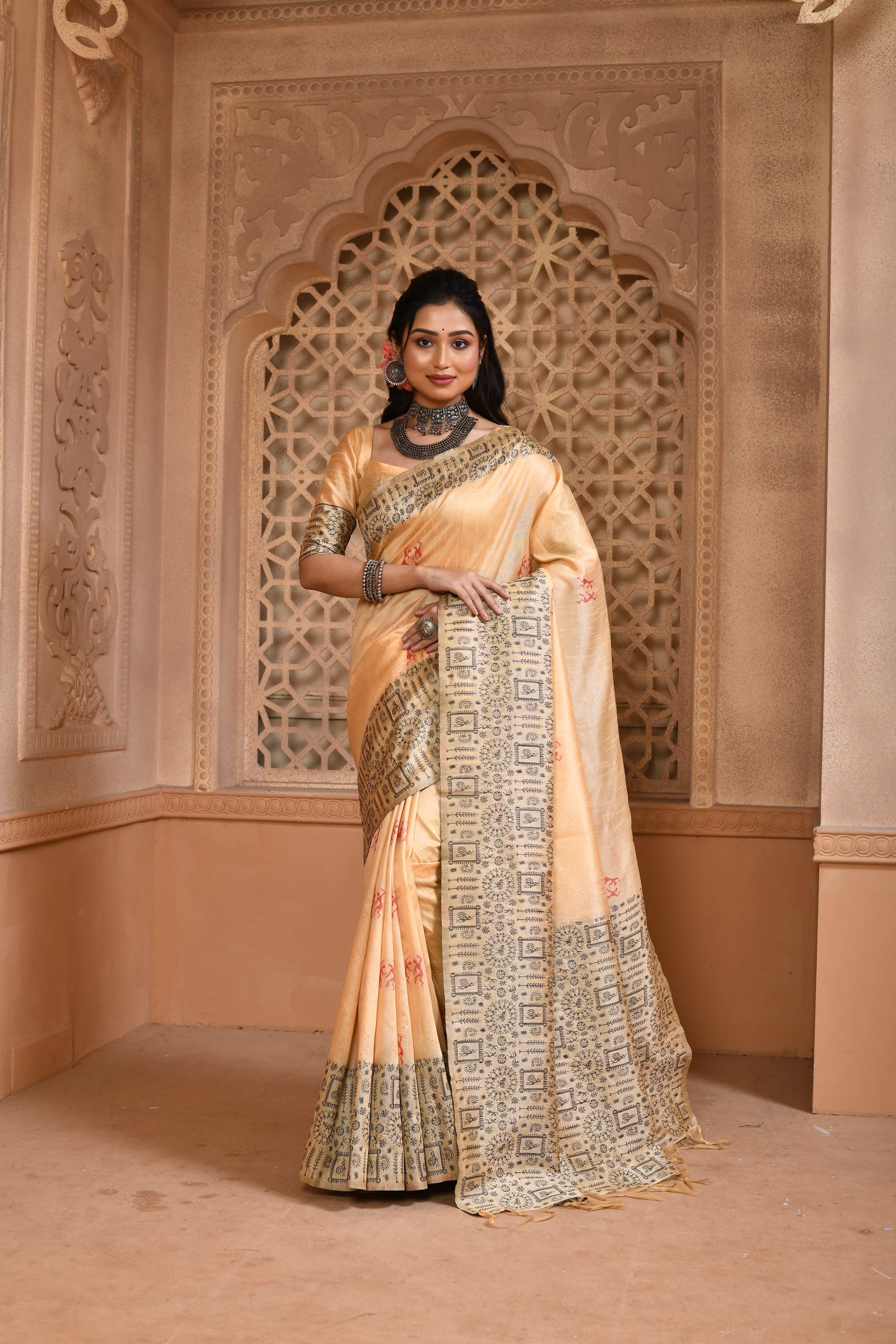 Jyoti Fashion Women's Cream Handloom Raw Silk Weaving Pallu Traditional Saree with Blouse