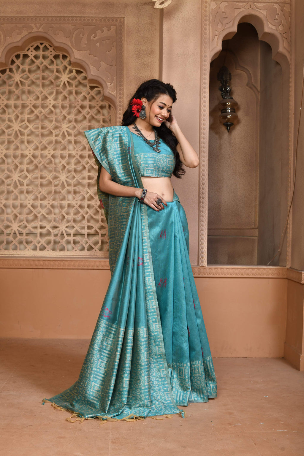 Jyoti Fashion Women's Firozi Handloom Raw Silk Weaving Pallu Traditional Saree with Blouse