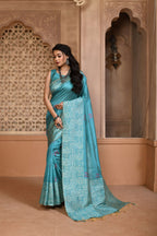 Jyoti Fashion Women's Firozi Handloom Raw Silk Weaving Pallu Traditional Saree with Blouse
