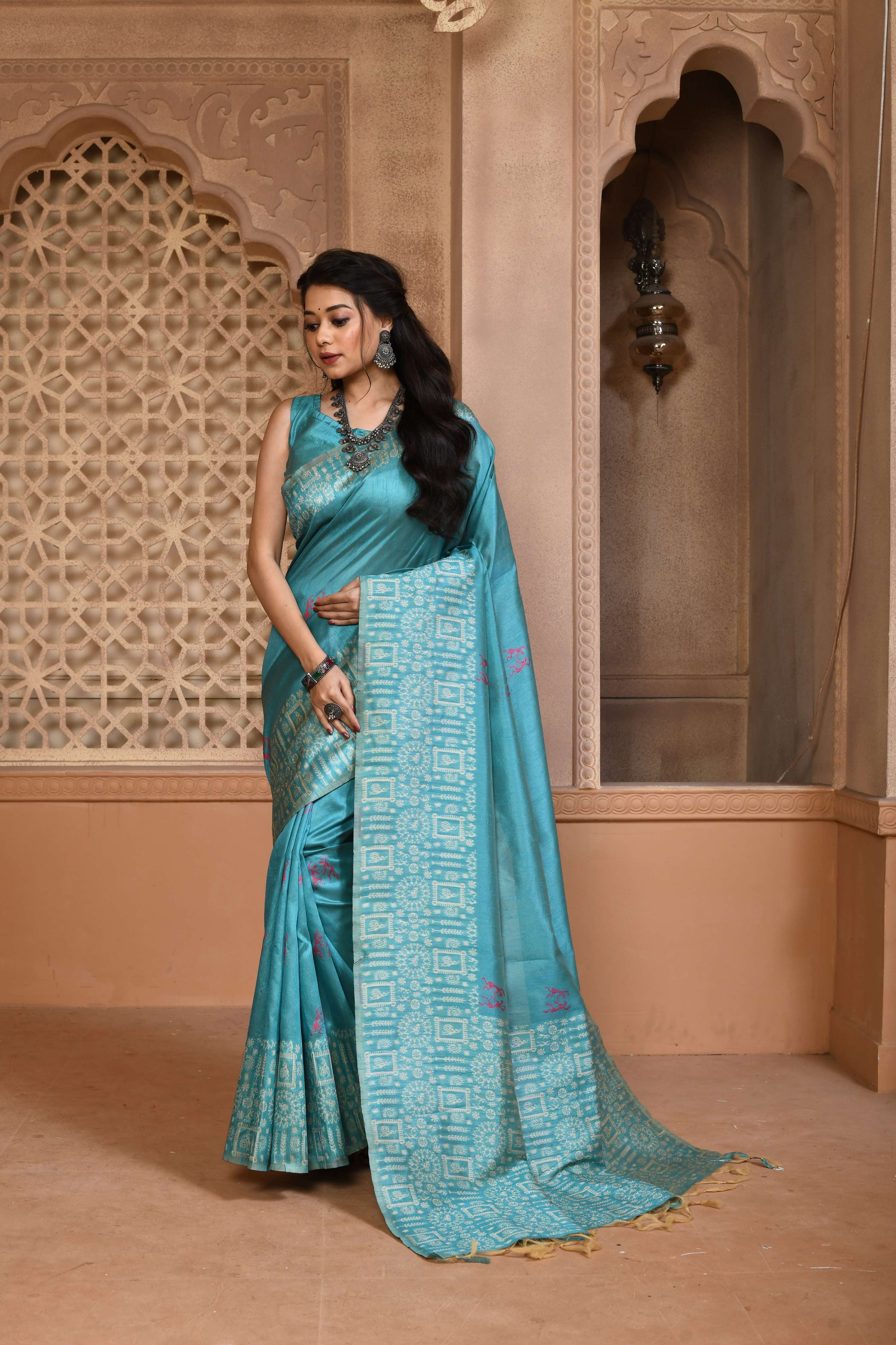Jyoti Fashion Women's Firozi Handloom Raw Silk Weaving Pallu Traditional Saree with Blouse
