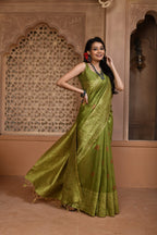 Jyoti Fashion Women's Green Handloom Raw Silk Weaving Pallu Traditional Saree with Blouse