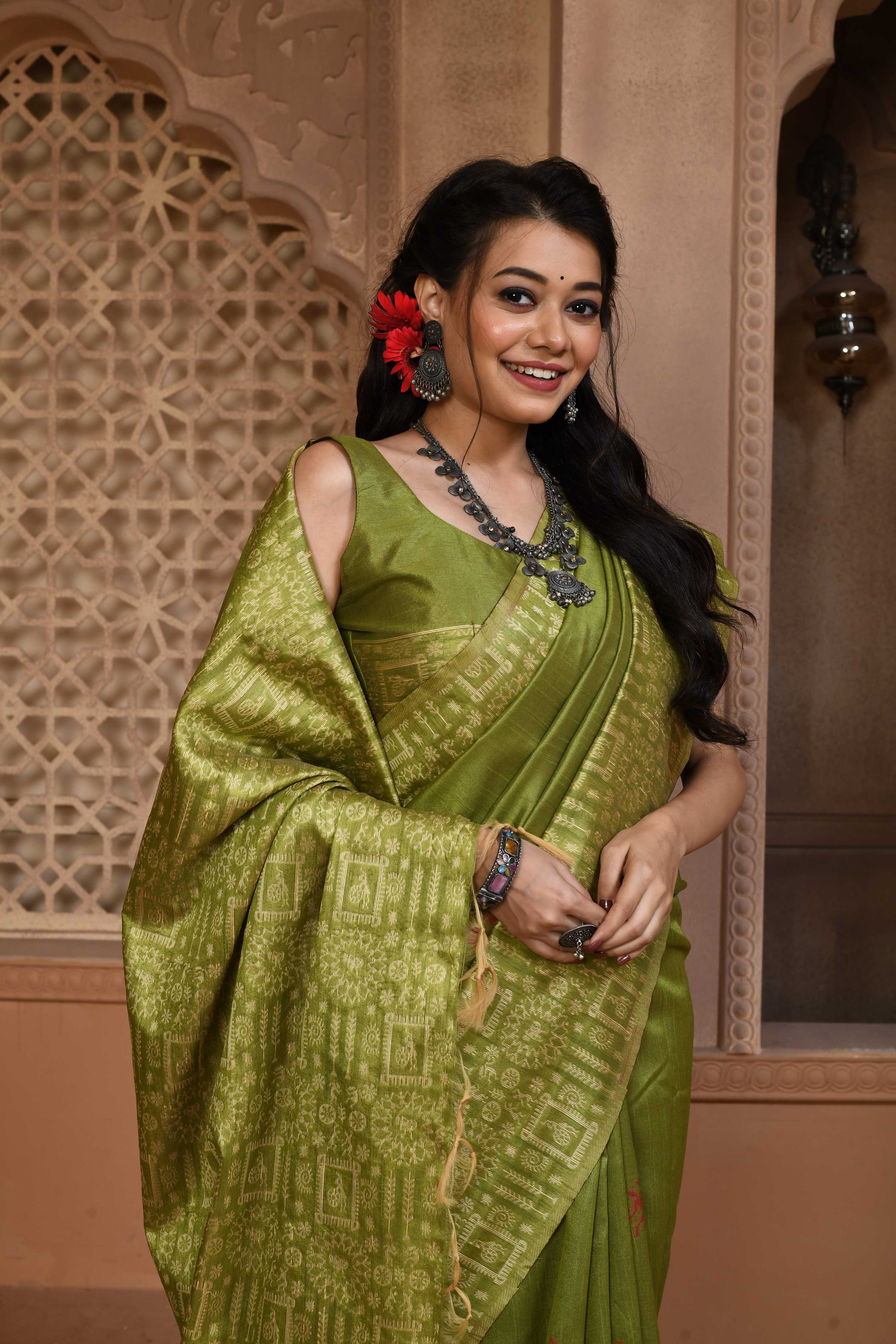 Jyoti Fashion Women's Green Handloom Raw Silk Weaving Pallu Traditional Saree with Blouse