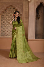 Jyoti Fashion Women's Green Handloom Raw Silk Weaving Pallu Traditional Saree with Blouse