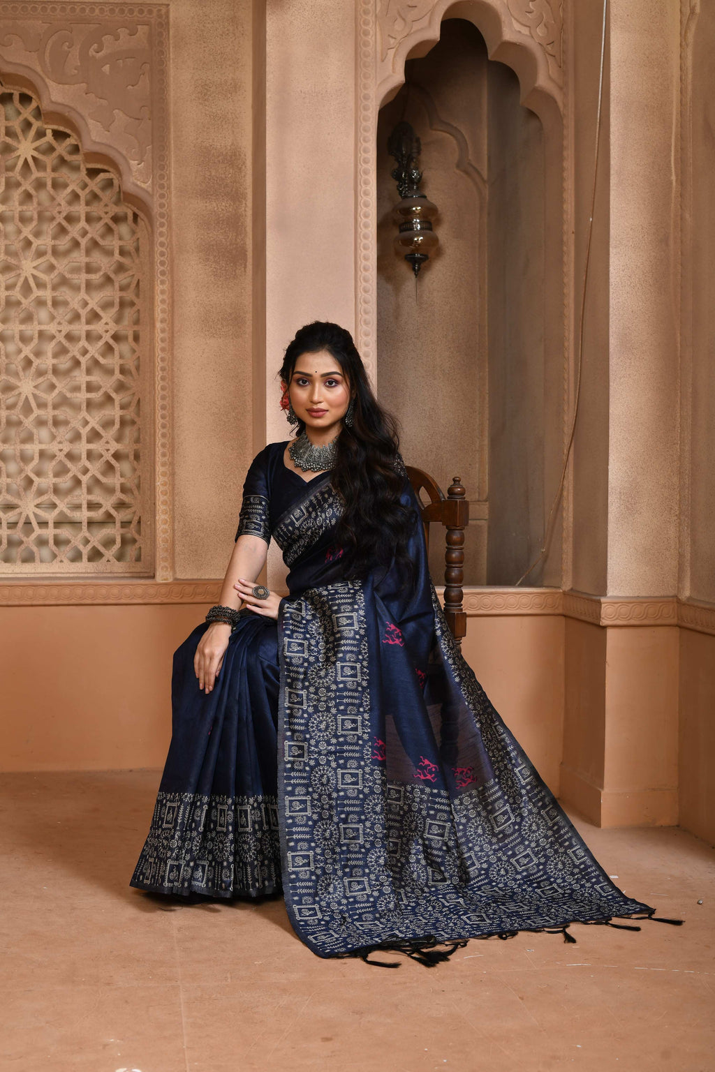 Jyoti Fashion Women's Navy Blue Handloom Raw Silk Weaving Pallu Traditional Saree with Blouse