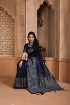 Jyoti Fashion Women's Navy Blue Handloom Raw Silk Weaving Pallu Traditional Saree with Blouse
