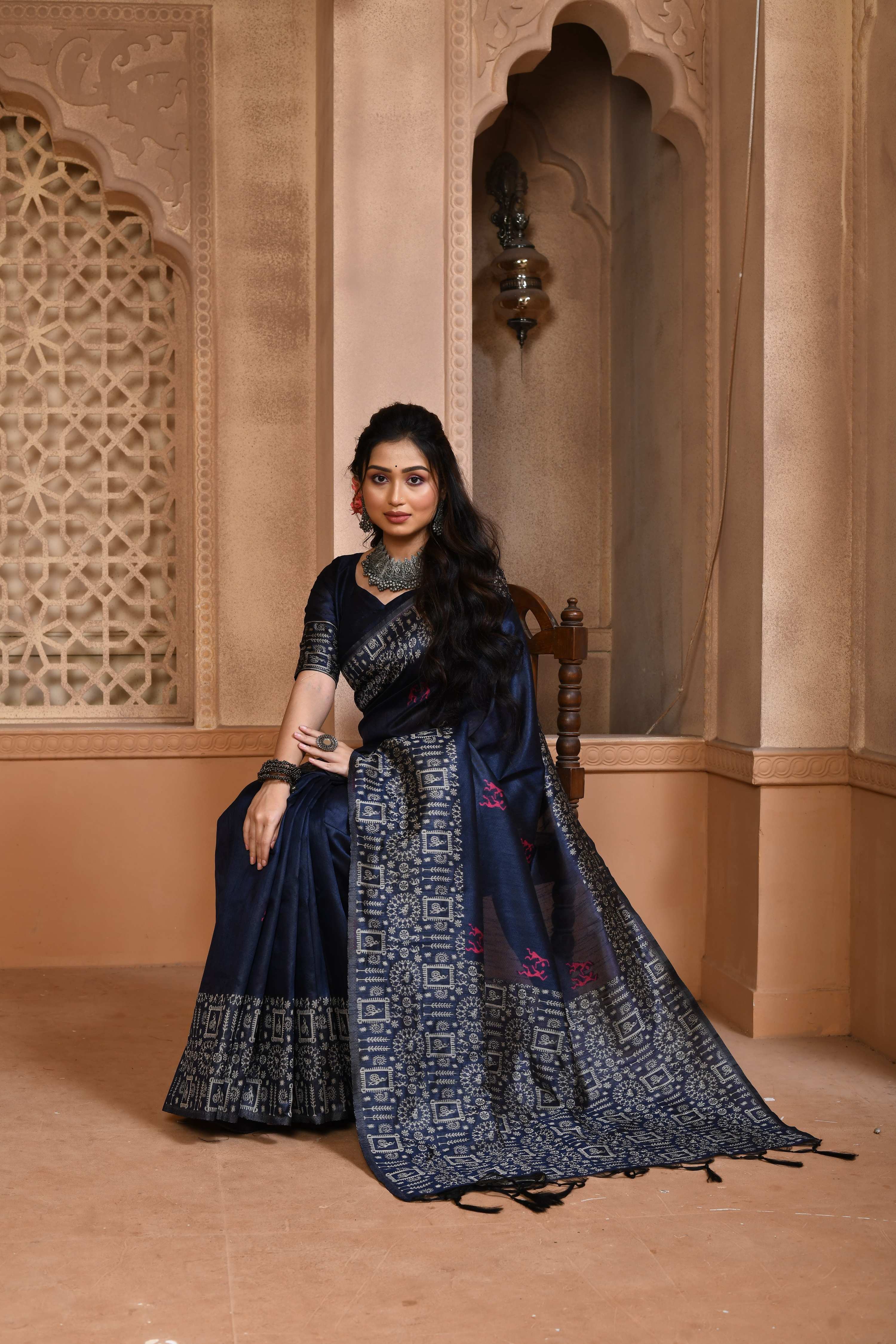 Jyoti Fashion Women's Navy Blue Handloom Raw Silk Weaving Pallu Traditional Saree with Blouse