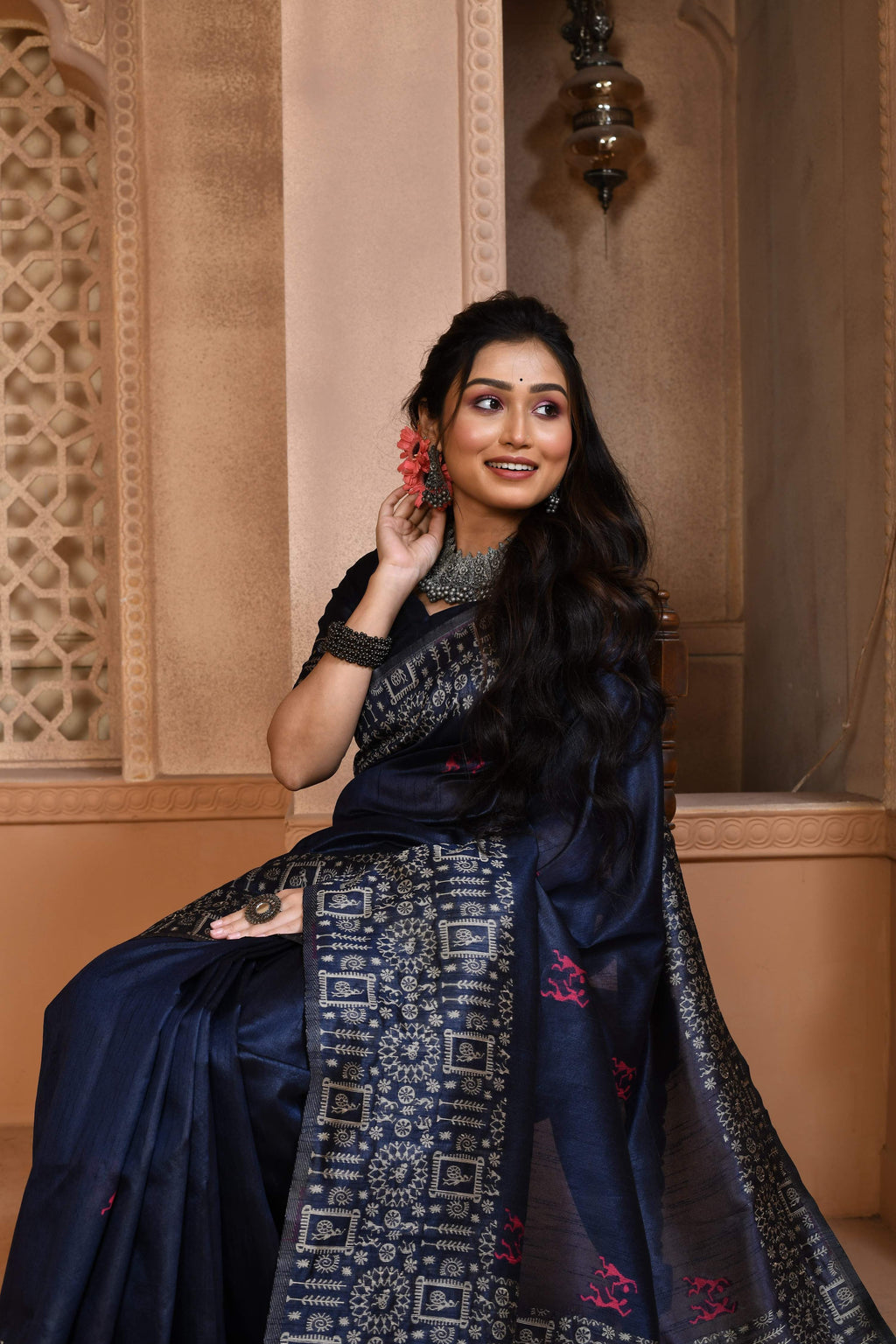 Jyoti Fashion Women's Navy Blue Handloom Raw Silk Weaving Pallu Traditional Saree with Blouse