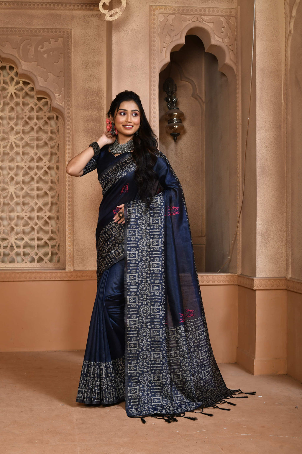 Jyoti Fashion Women's Navy Blue Handloom Raw Silk Weaving Pallu Traditional Saree with Blouse