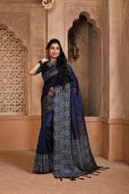 Jyoti Fashion Women's Navy Blue Handloom Raw Silk Weaving Pallu Traditional Saree with Blouse