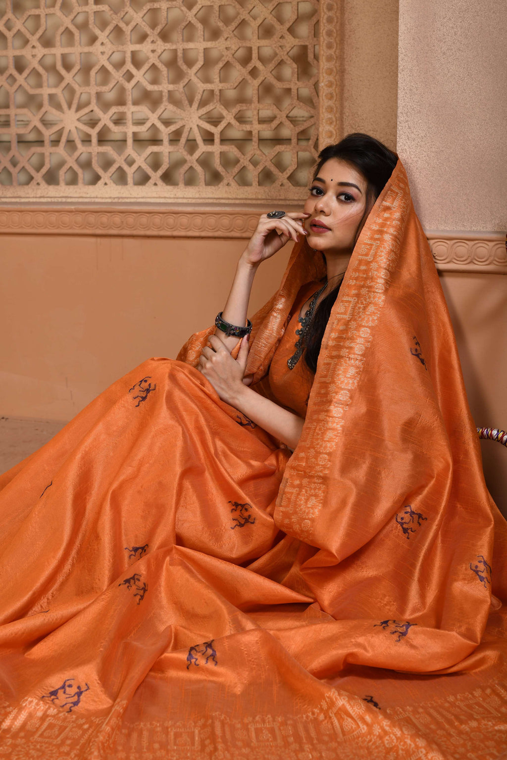 Jyoti Fashion Women's Orange Handloom Raw Silk Weaving Pallu Traditional Saree with Blouse