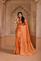 Jyoti Fashion Women's Orange Handloom Raw Silk Weaving Pallu Traditional Saree with Blouse