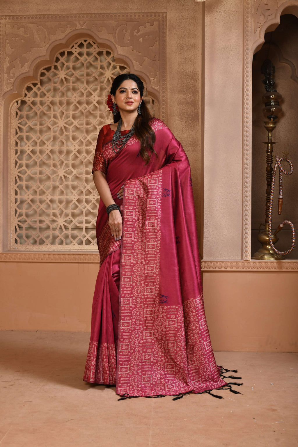 Jyoti Fashion Women's Rani Pink Handloom Raw Silk Weaving Pallu Traditional Saree with Blouse