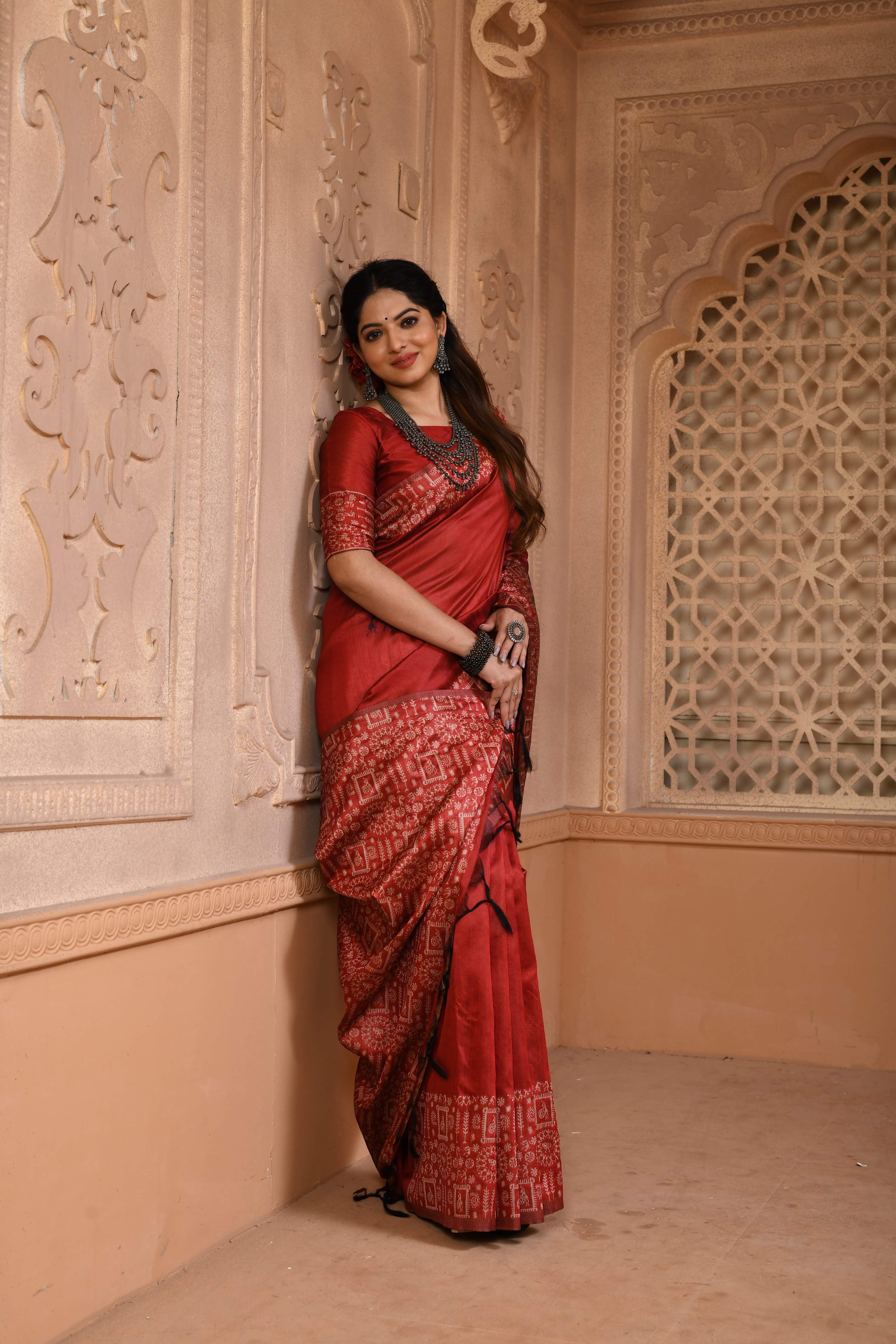 Jyoti Fashion Women's Red Handloom Raw Silk Weaving Pallu Traditional Saree with Blouse