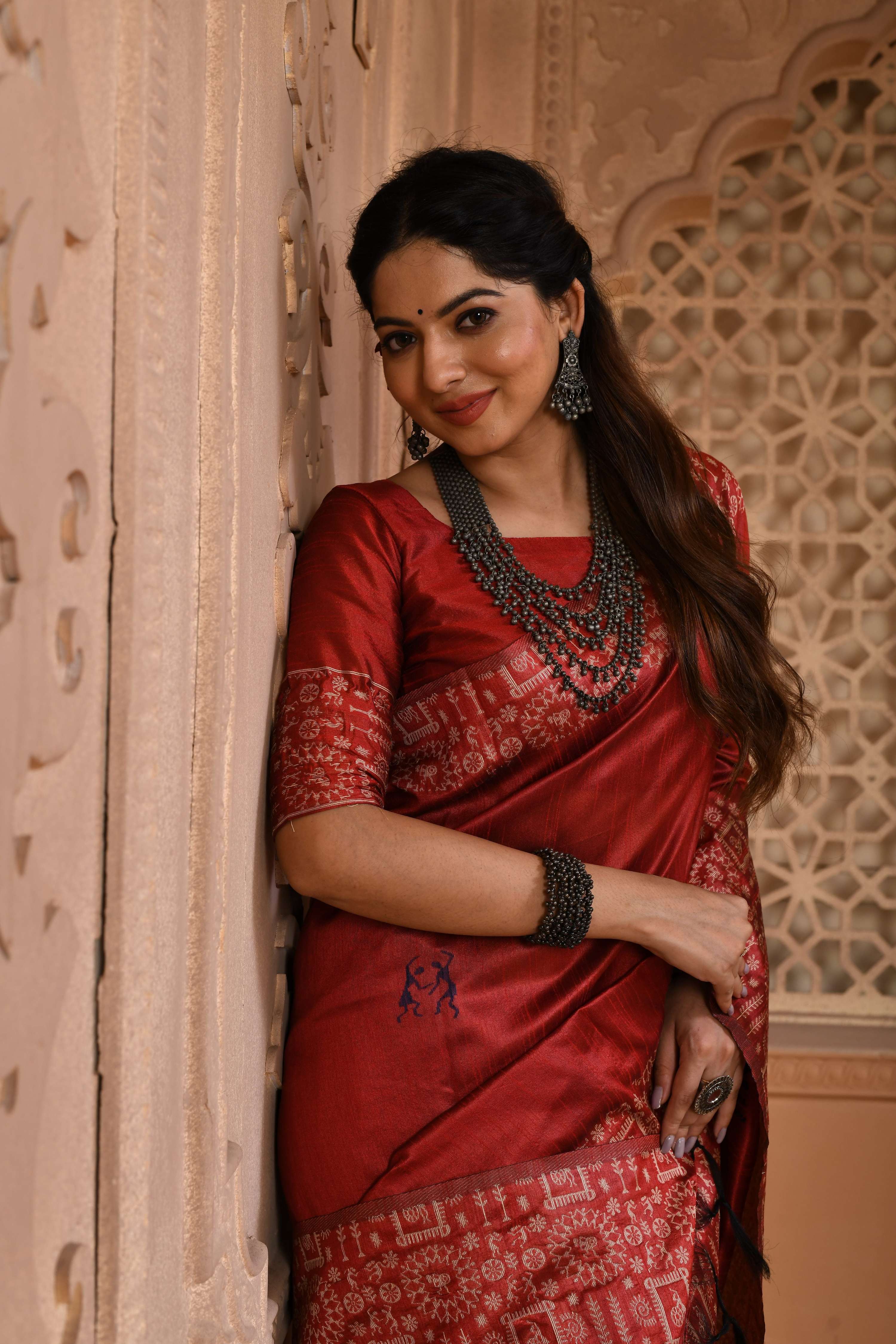Jyoti Fashion Women's Red Handloom Raw Silk Weaving Pallu Traditional Saree with Blouse