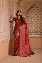 Jyoti Fashion Women's Red Handloom Raw Silk Weaving Pallu Traditional Saree with Blouse