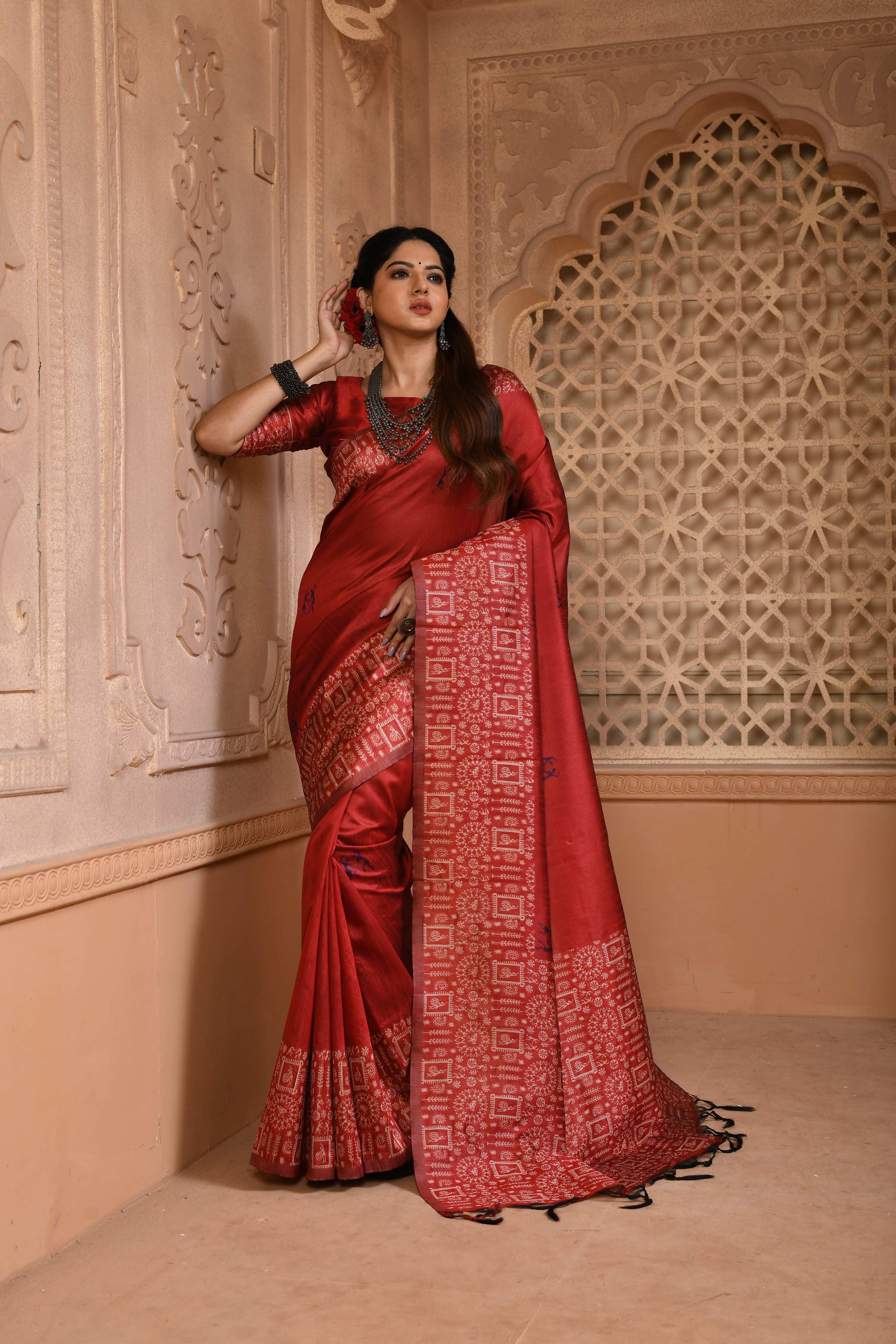 Jyoti Fashion Women's Red Handloom Raw Silk Weaving Pallu Traditional Saree with Blouse