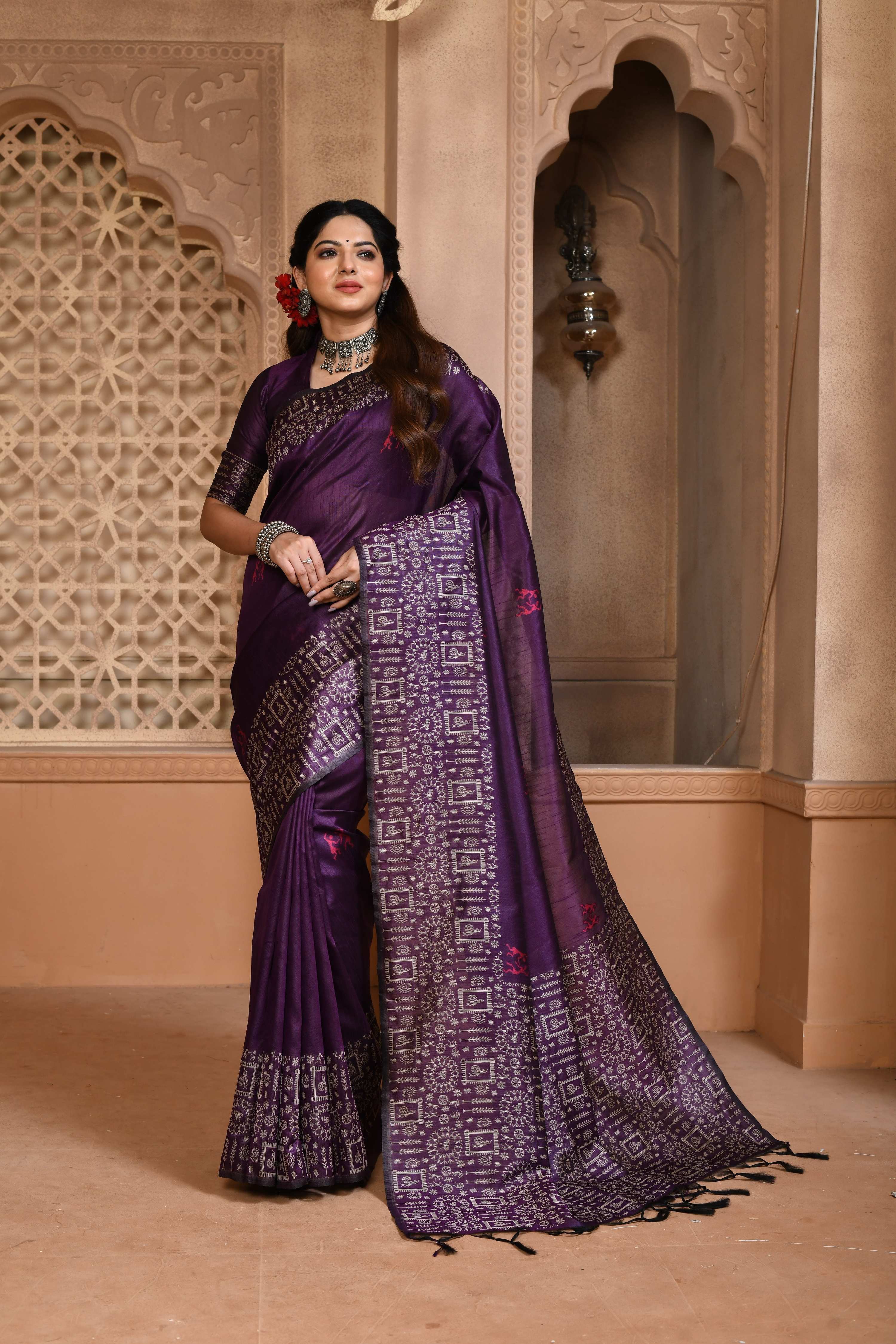 Jyoti Fashion Women's Purple Handloom Raw Silk Weaving Pallu Traditional Saree with Blouse