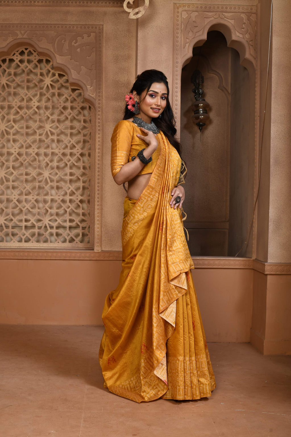Jyoti Fashion Women's Mustard Handloom Raw Silk Weaving Pallu Traditional Saree with Blouse