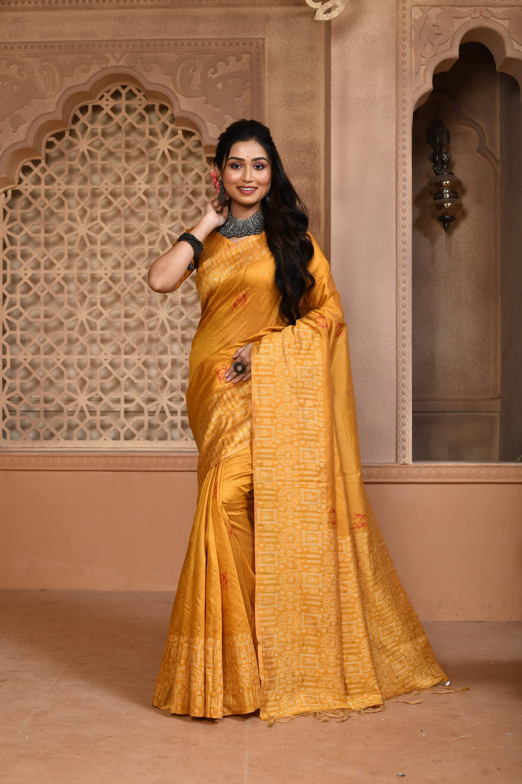 Jyoti Fashion Women's Mustard Handloom Raw Silk Weaving Pallu Traditional Saree with Blouse
