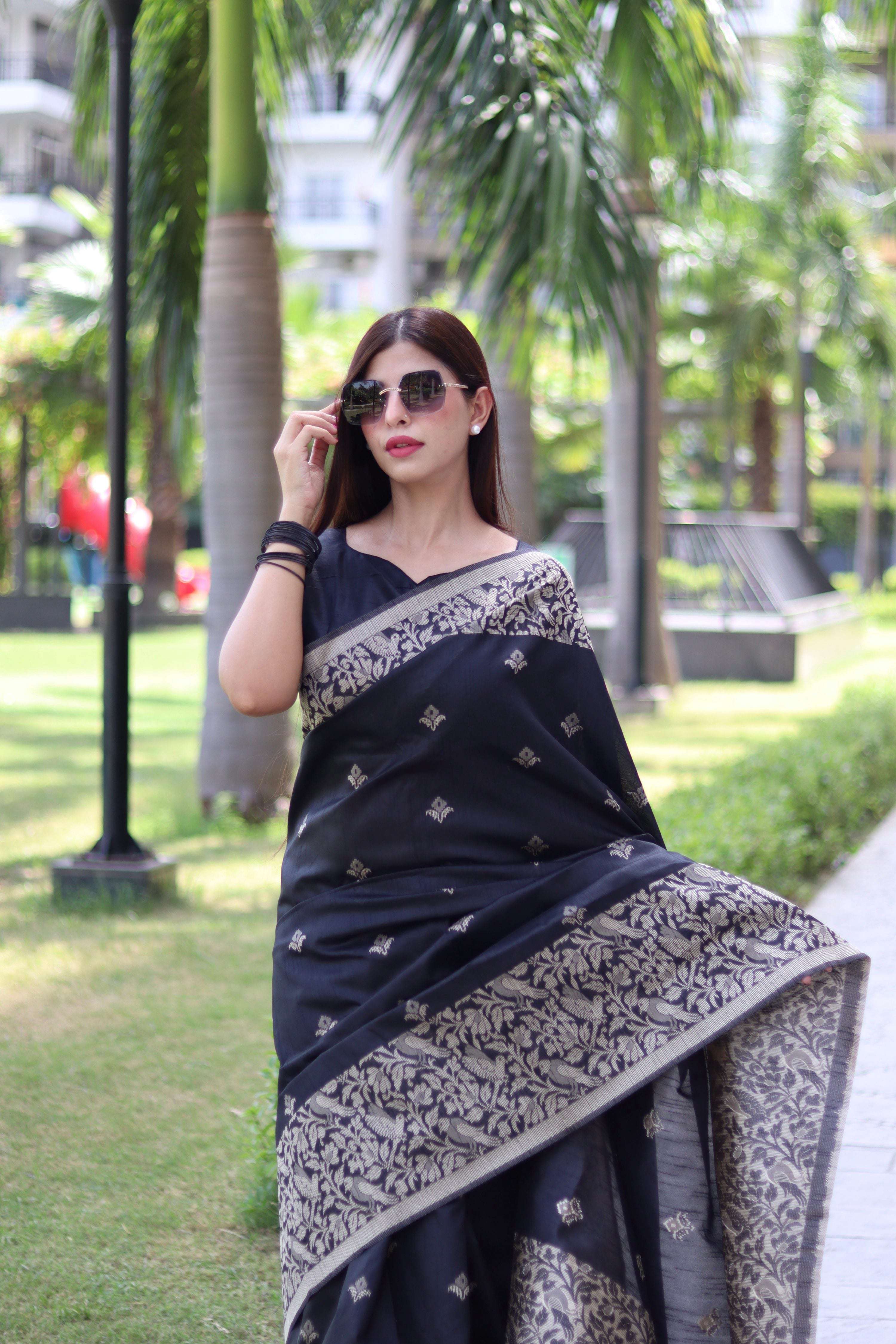 Jyoti Fashion Women's Black Handloom Raw Silk Weaving Pallu Traditional Saree with Blouse - Distacart