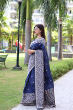 Jyoti Fashion Women's Navy Blue Handloom Raw Silk Weaving Pallu Traditional Saree with Blouse - Distacart