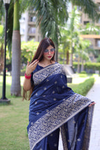 Jyoti Fashion Women's Navy Blue Handloom Raw Silk Weaving Pallu Traditional Saree with Blouse - Distacart