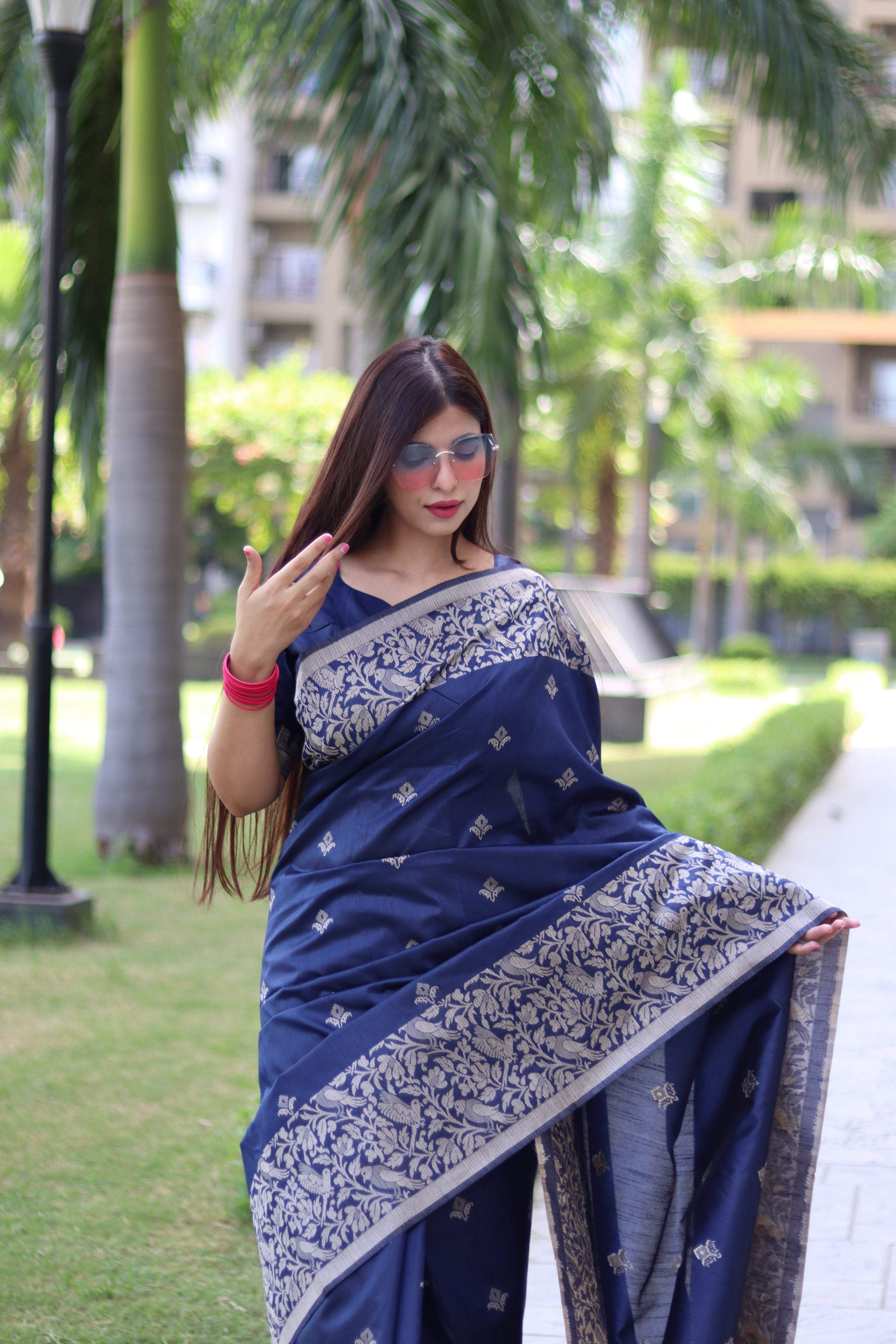 Jyoti Fashion Women's Navy Blue Handloom Raw Silk Weaving Pallu Traditional Saree with Blouse - Distacart
