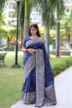 Jyoti Fashion Women's Navy Blue Handloom Raw Silk Weaving Pallu Traditional Saree with Blouse - Distacart