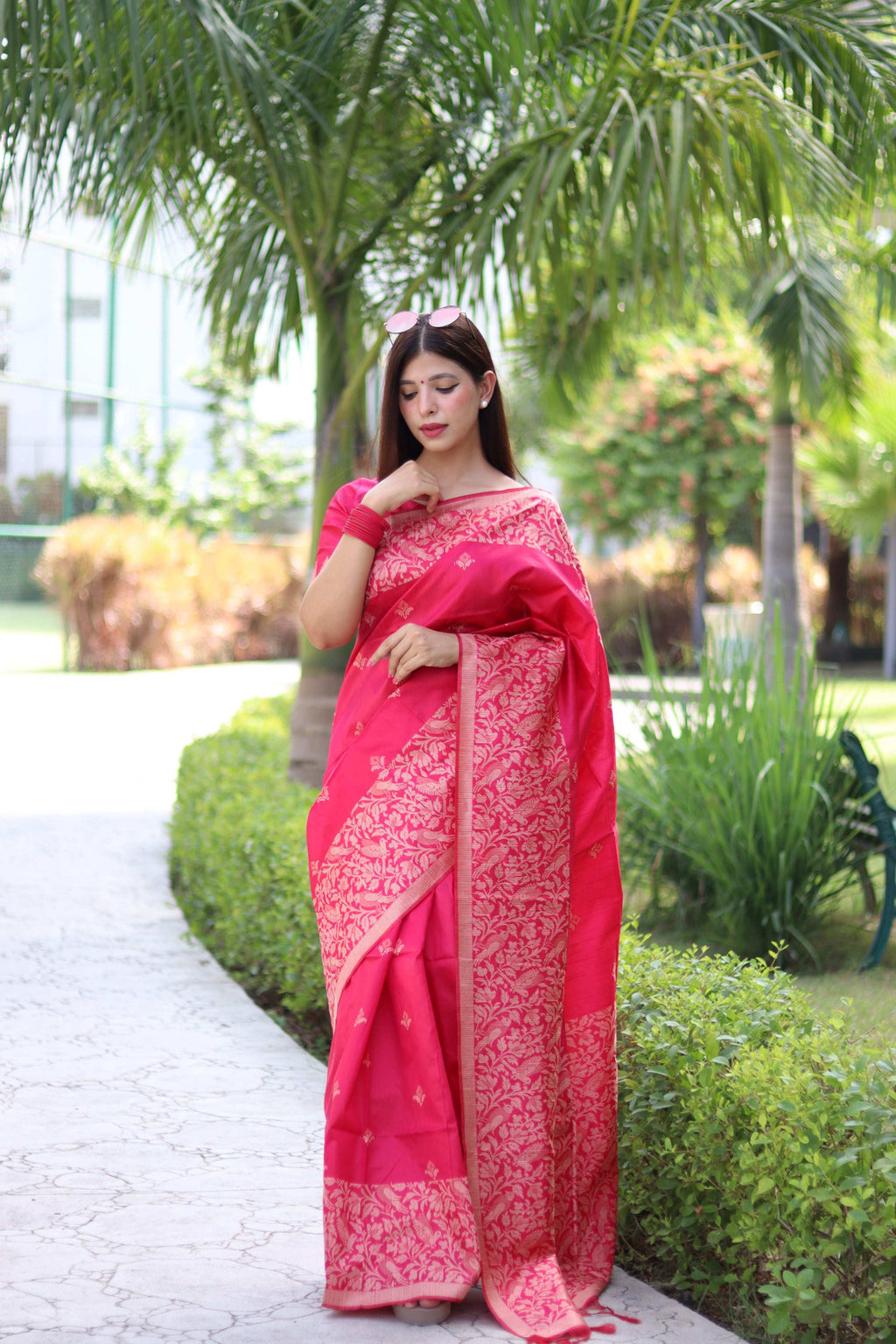 Jyoti Fashion Women's Rani Pink Handloom Raw Silk Weaving Pallu Traditional Saree with Blouse - Distacart