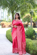 Jyoti Fashion Women's Rani Pink Handloom Raw Silk Weaving Pallu Traditional Saree with Blouse - Distacart