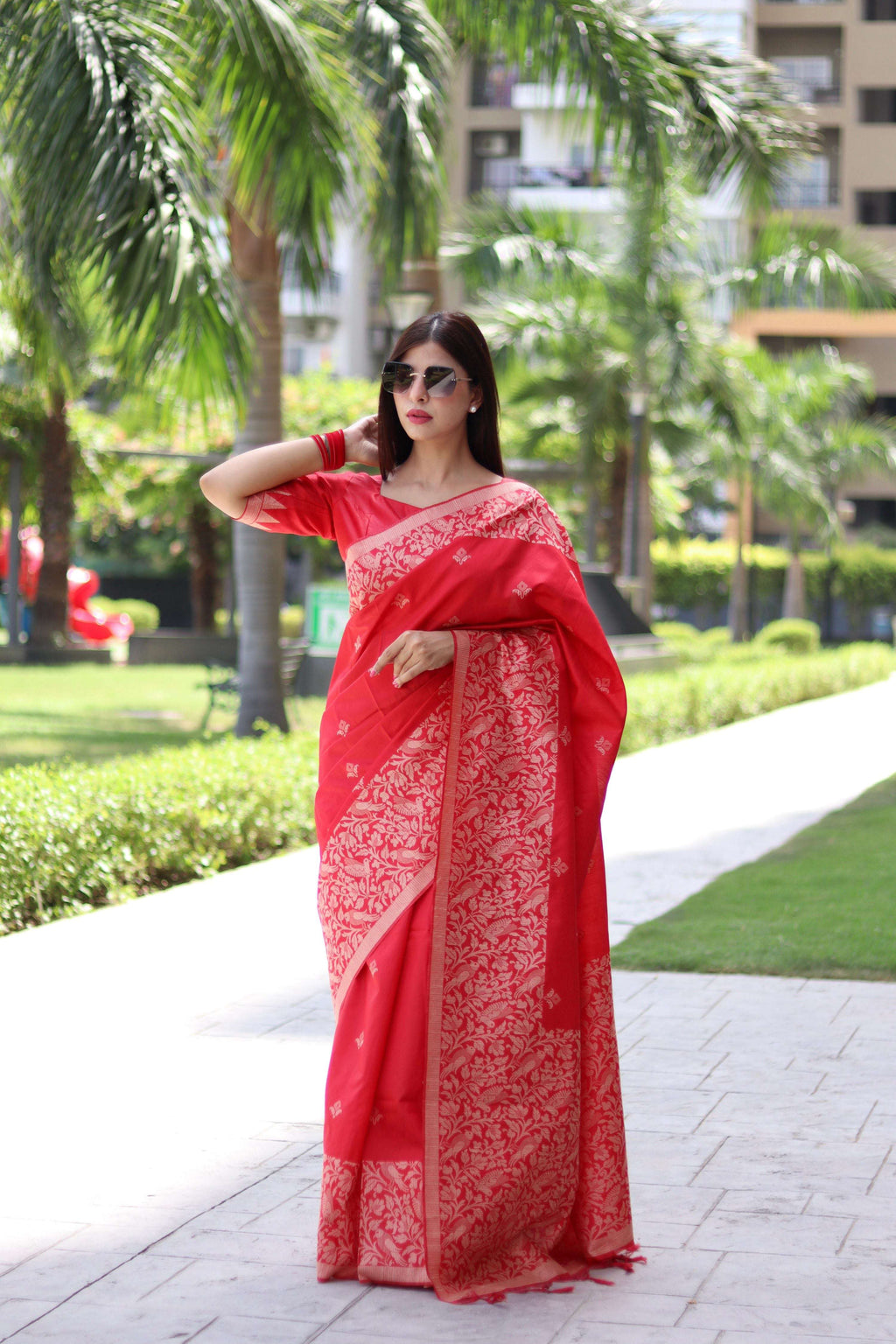 Jyoti Fashion Women's Red Handloom Raw Silk Weaving Pallu Traditional Saree with Blouse - Distacart