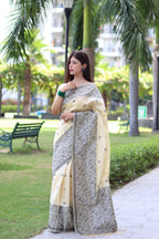 Jyoti Fashion Women's Cream Handloom Raw Silk Weaving Pallu Traditional Saree with Blouse - Distacart
