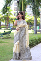Jyoti Fashion Women's Cream Handloom Raw Silk Weaving Pallu Traditional Saree with Blouse - Distacart