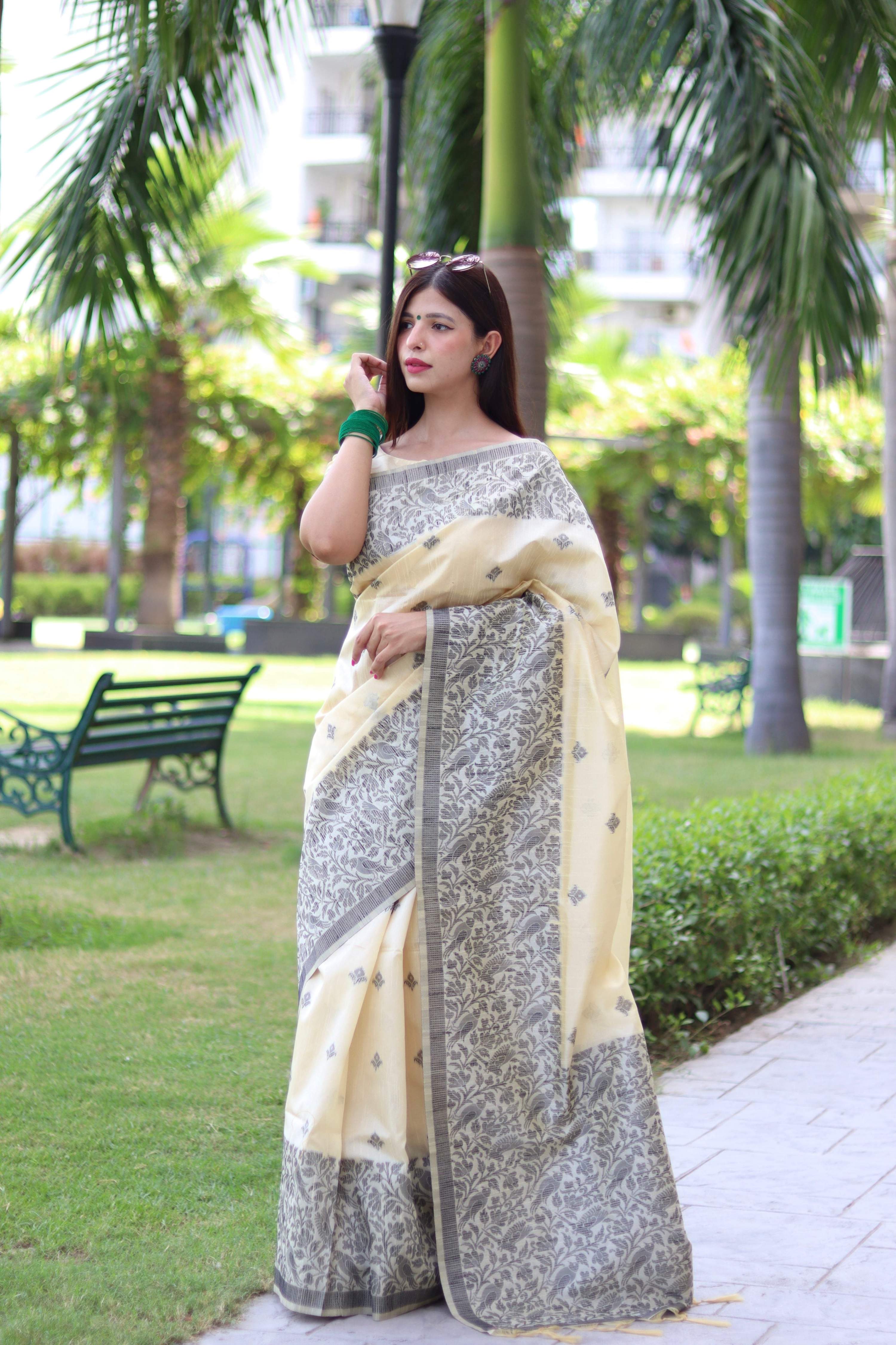 Jyoti Fashion Women's Cream Handloom Raw Silk Weaving Pallu Traditional Saree with Blouse - Distacart