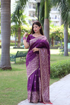 Jyoti Fashion Women's Purple Handloom Raw Silk Weaving Pallu Traditional Saree with Blouse - Distacart