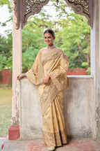 Jyoti Fashion Women's Beige Handloom Raw Silk Weaving Pallu Traditional Saree with Blouse