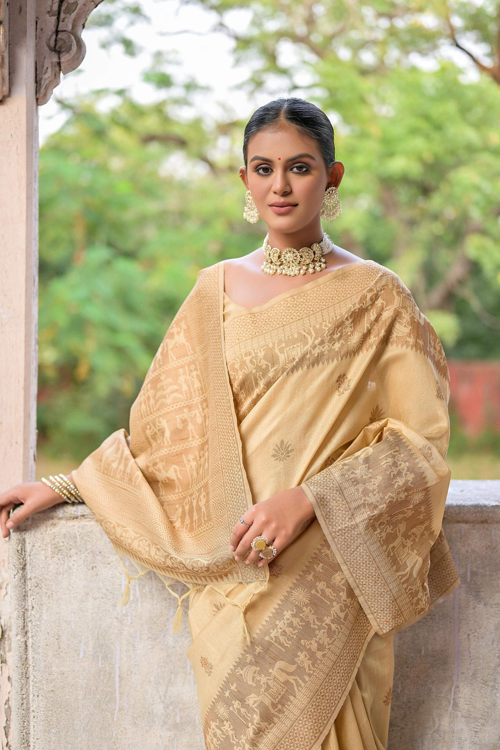 Jyoti Fashion Women's Beige Handloom Raw Silk Weaving Pallu Traditional Saree with Blouse