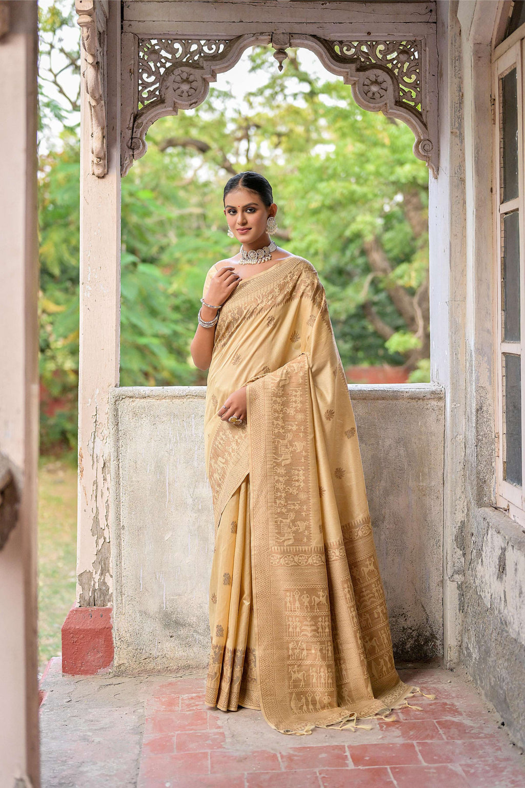 Jyoti Fashion Women's Beige Handloom Raw Silk Weaving Pallu Traditional Saree with Blouse