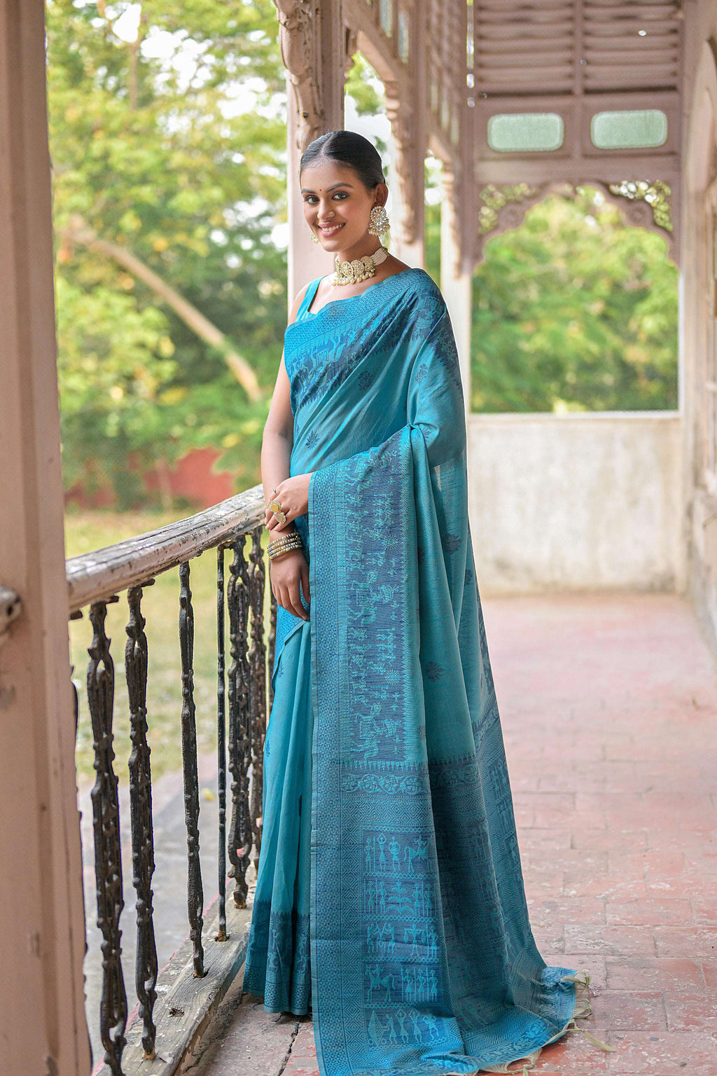 Jyoti Fashion Women's Sky Blue Handloom Raw Silk Weaving Pallu Traditional Saree with Blouse