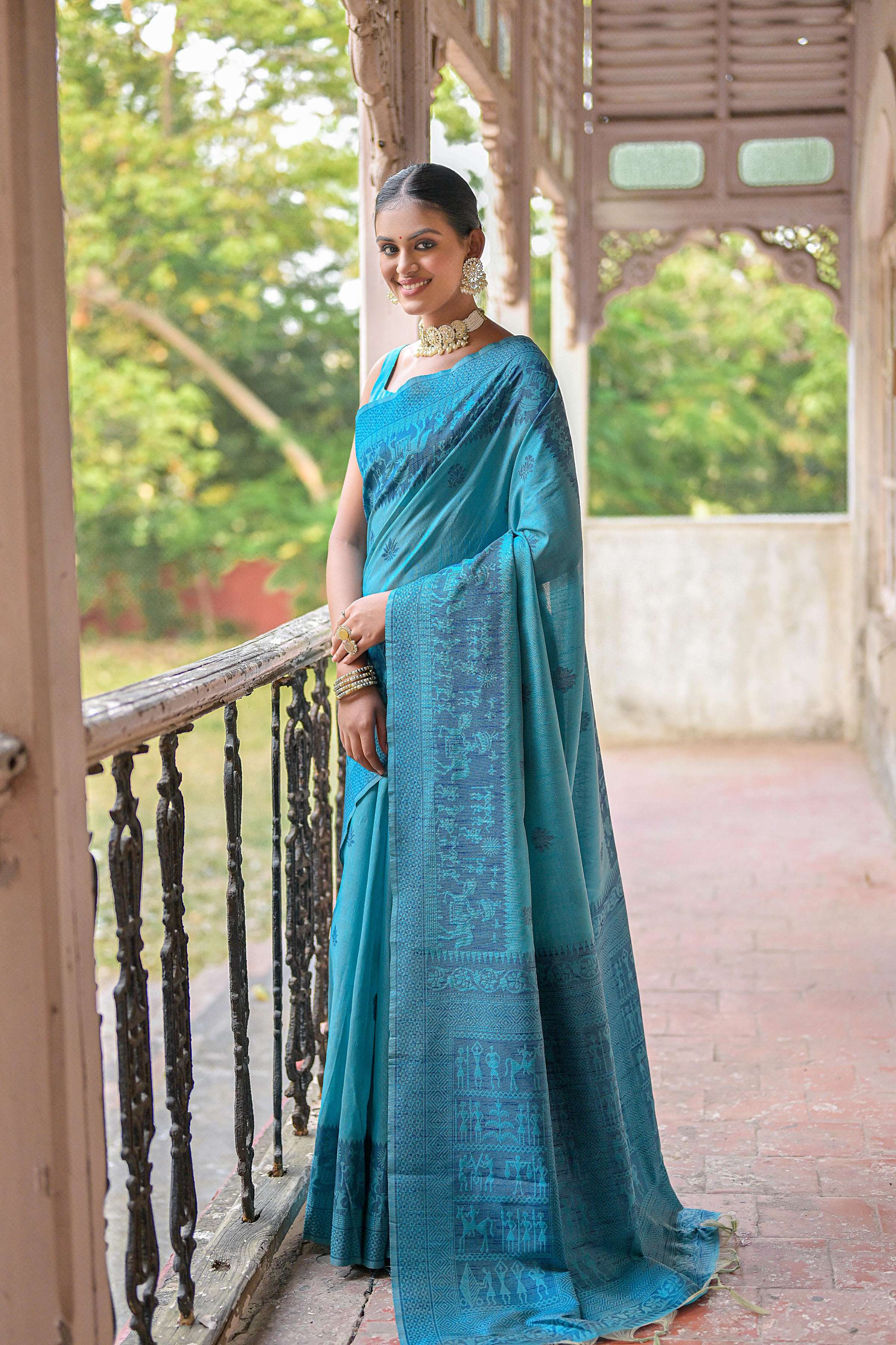 Jyoti Fashion Women's Sky Blue Handloom Raw Silk Weaving Pallu Traditional Saree with Blouse