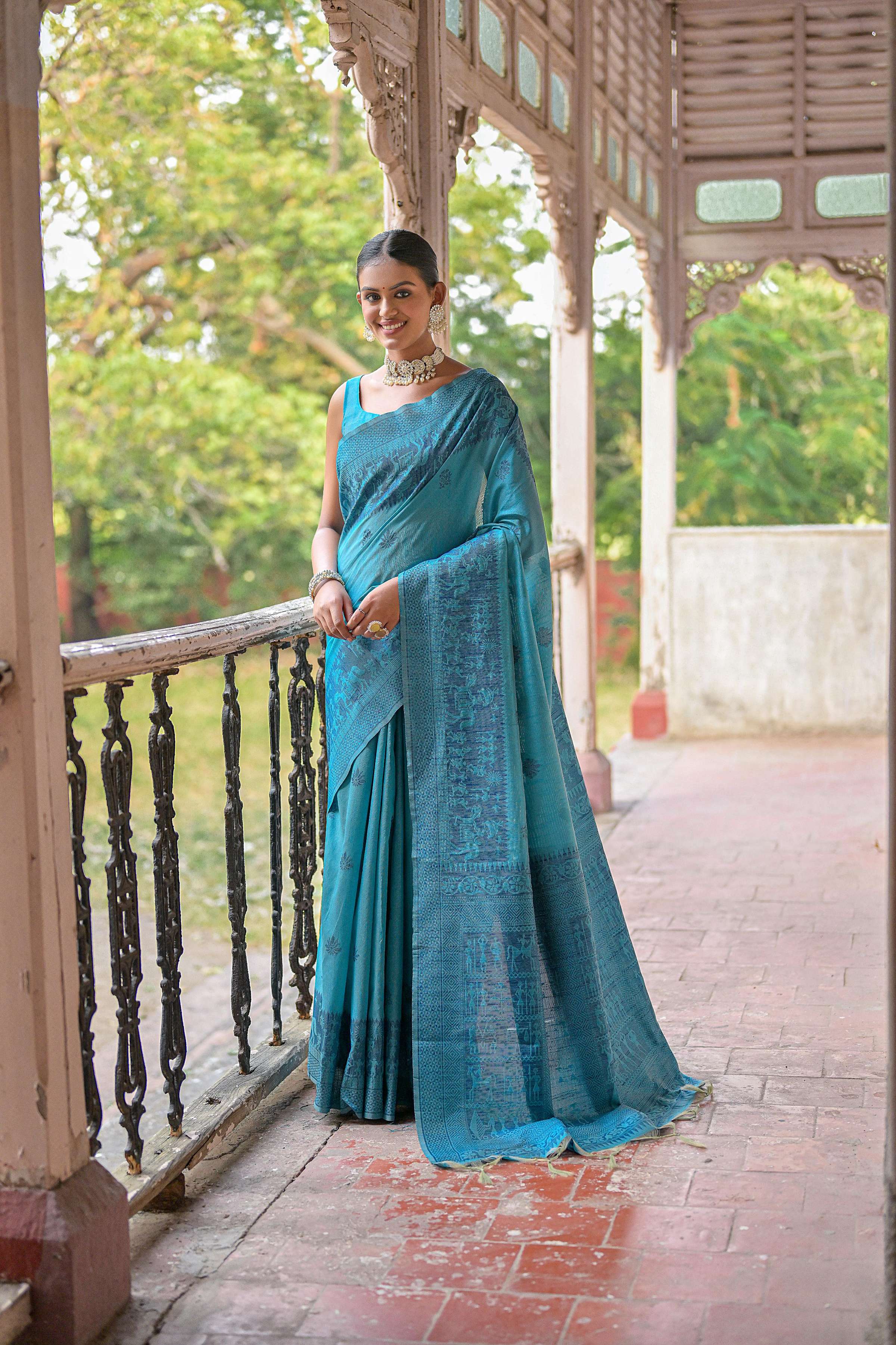 Jyoti Fashion Women's Sky Blue Handloom Raw Silk Weaving Pallu Traditional Saree with Blouse