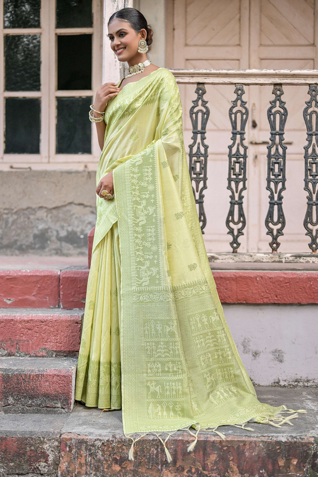 Jyoti Fashion Women's Light Green Handloom Raw Silk Weaving Pallu Traditional Saree with Blouse