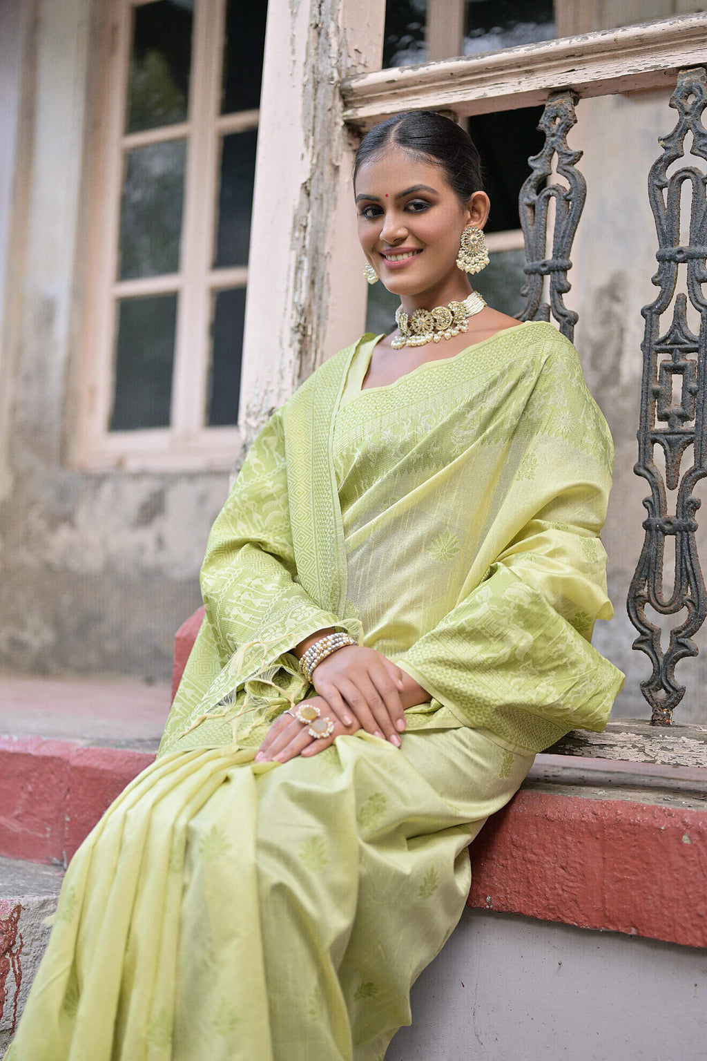 Jyoti Fashion Women's Light Green Handloom Raw Silk Weaving Pallu Traditional Saree with Blouse