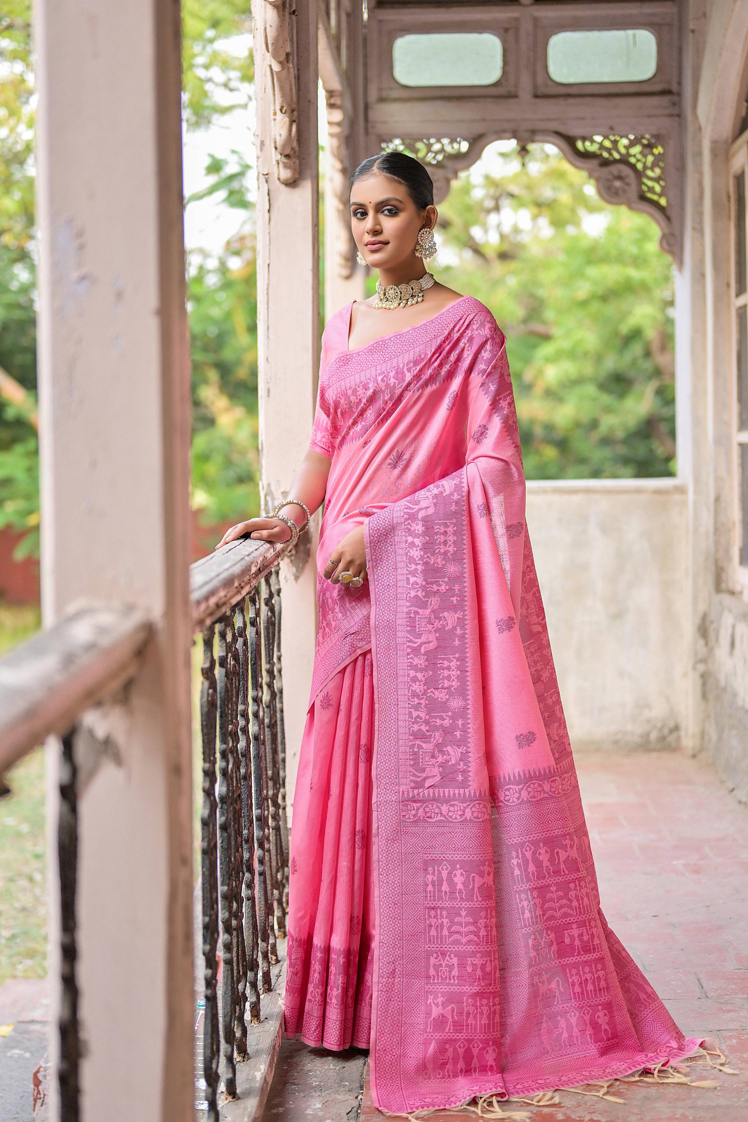 Jyoti Fashion Women's Pink Handloom Raw Silk Weaving Pallu Traditional Saree with Blouse