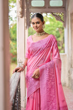 Jyoti Fashion Women's Pink Handloom Raw Silk Weaving Pallu Traditional Saree with Blouse