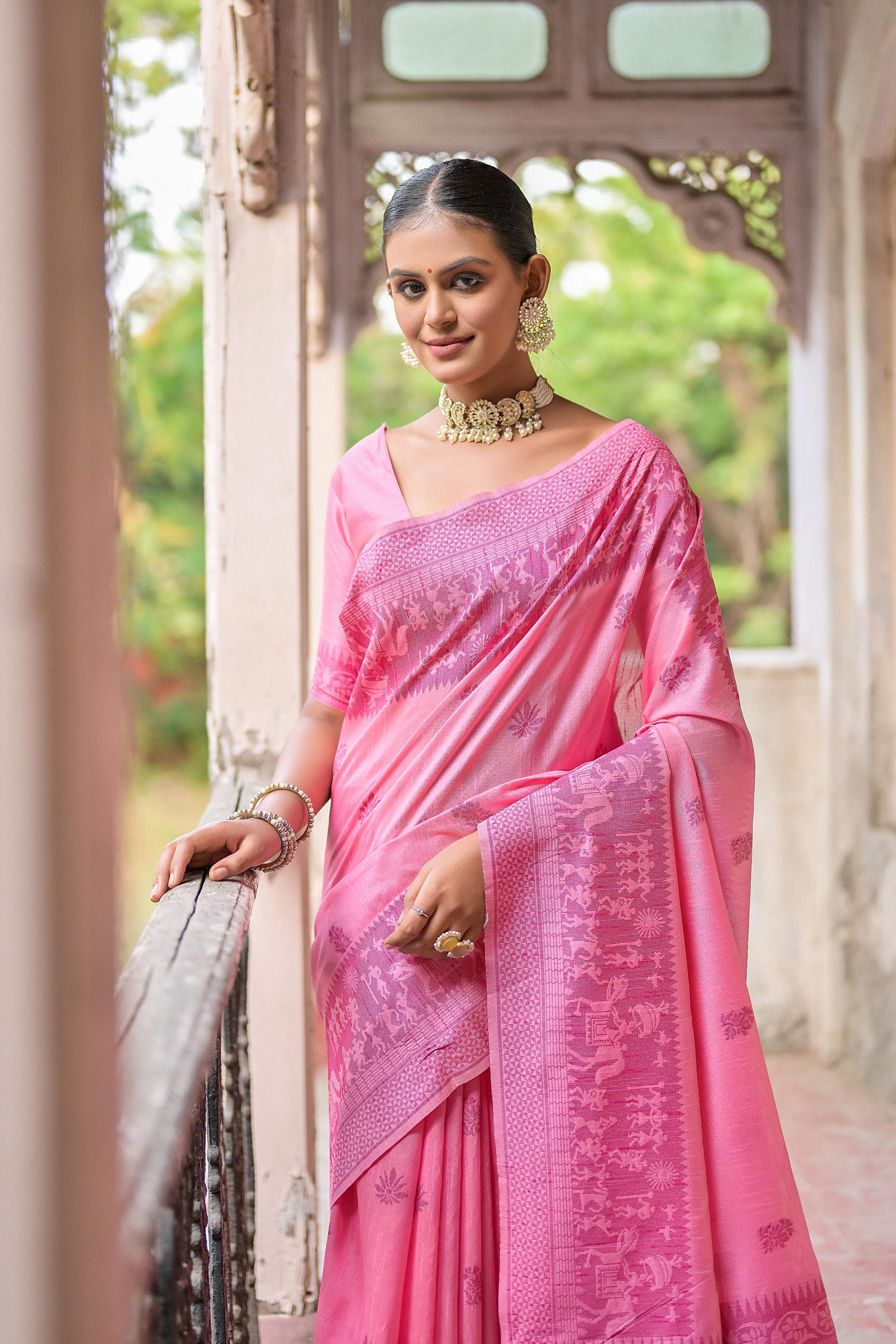 Jyoti Fashion Women's Pink Handloom Raw Silk Weaving Pallu Traditional Saree with Blouse