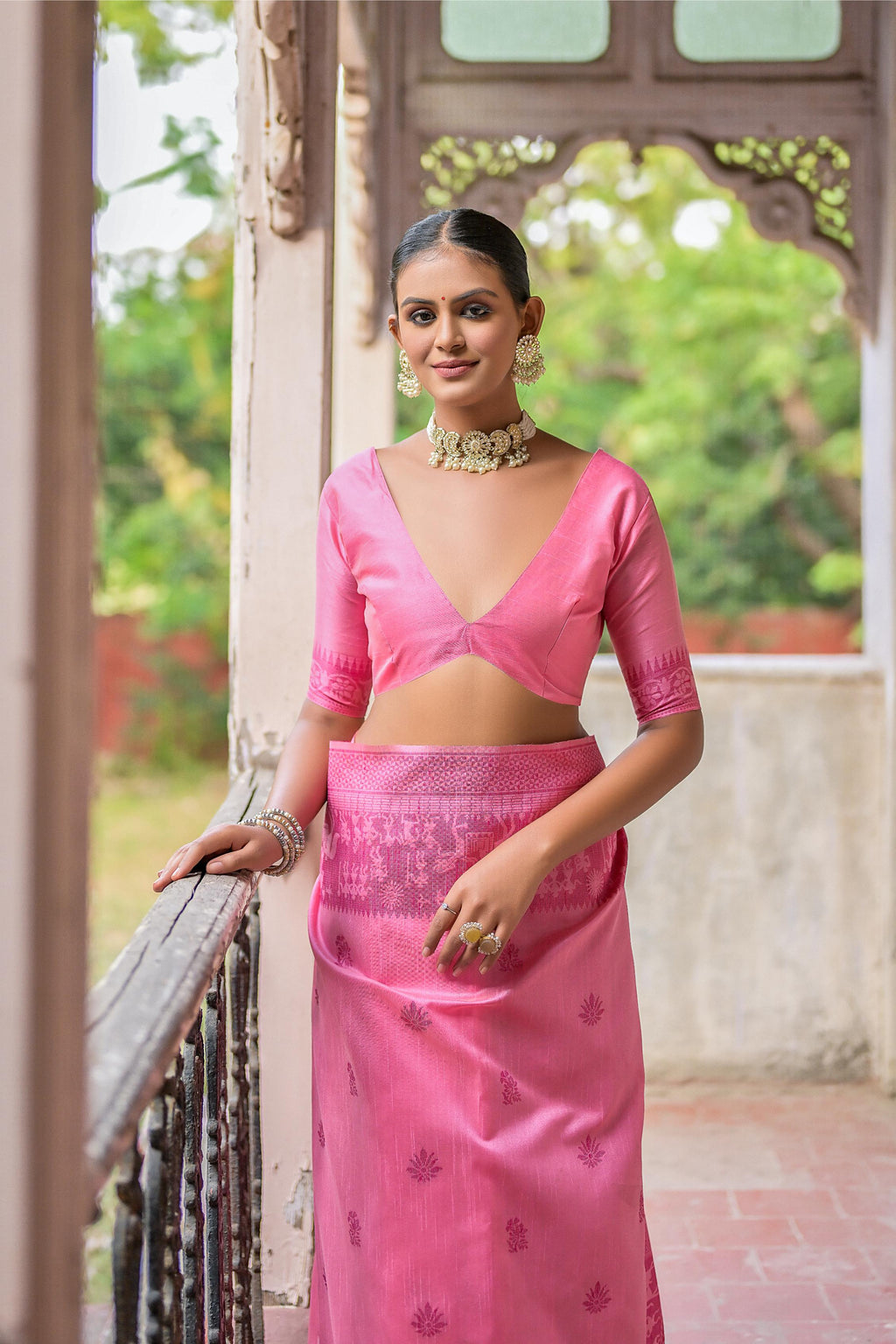 Jyoti Fashion Women's Pink Handloom Raw Silk Weaving Pallu Traditional Saree with Blouse